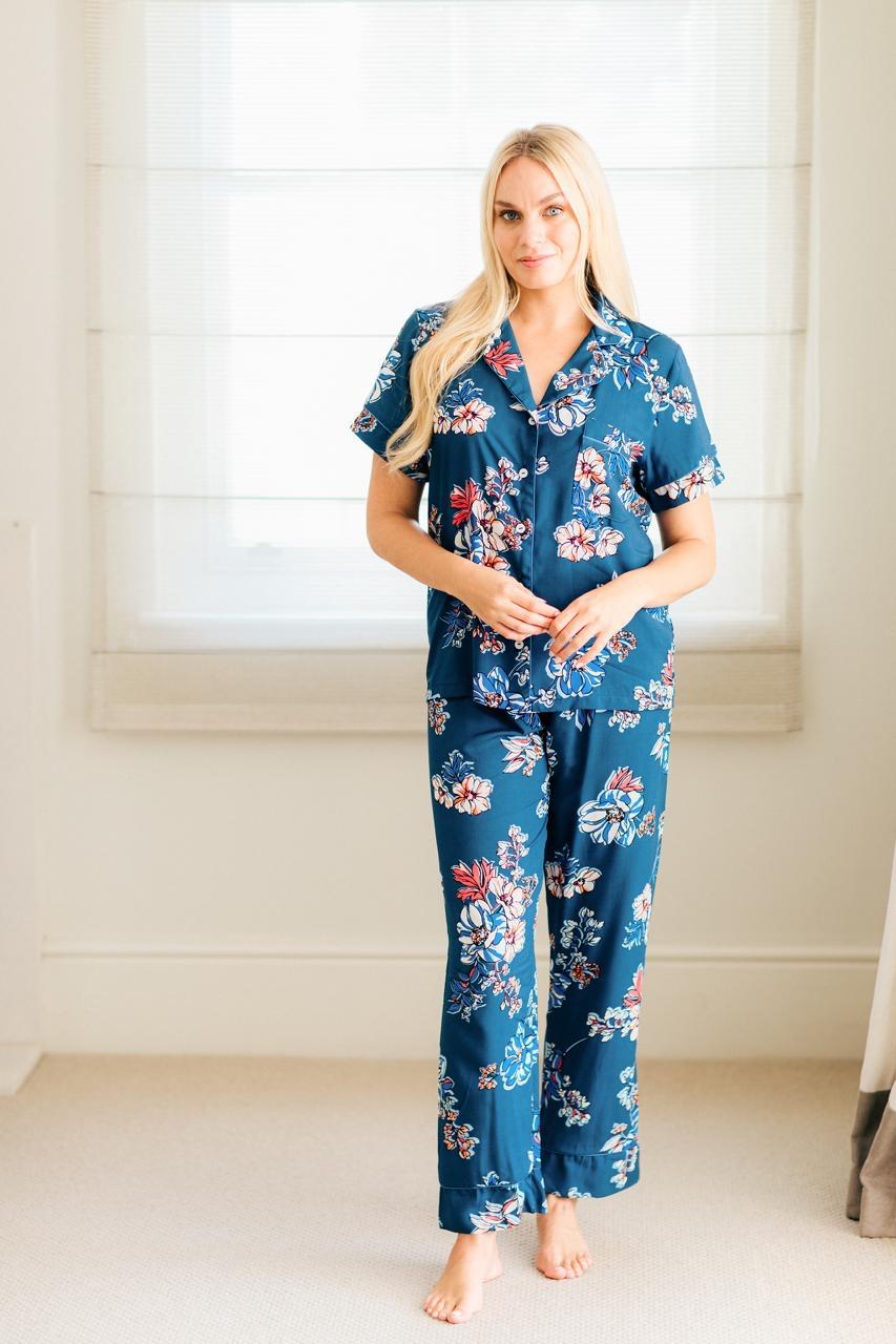 Short Sleeve Top & Ankle Length Pant | True Blue Floral | 100% Rayon