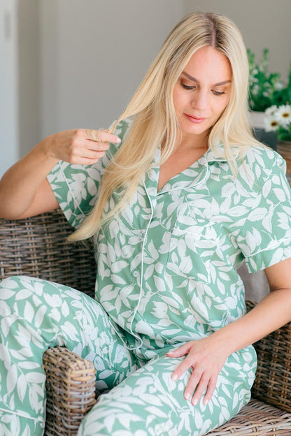 Short Sleeve Top & Ankle Length Pant | Sage Ivory Leaf | 100% Rayon