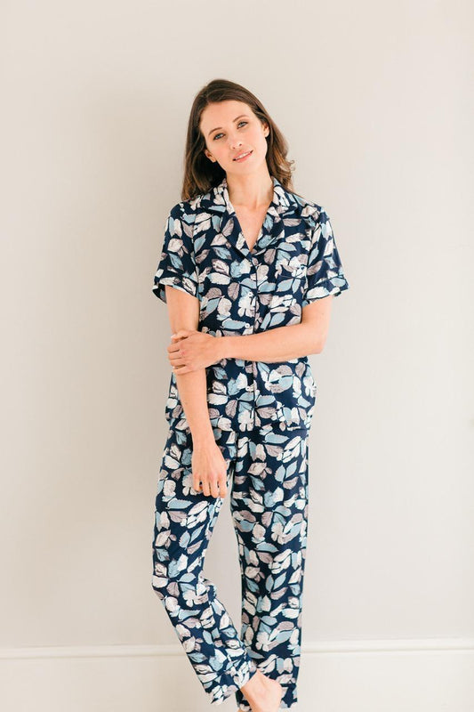 Short Sleeve Top and Ankle Length Pant | Navy Leaf | 100% Rayon