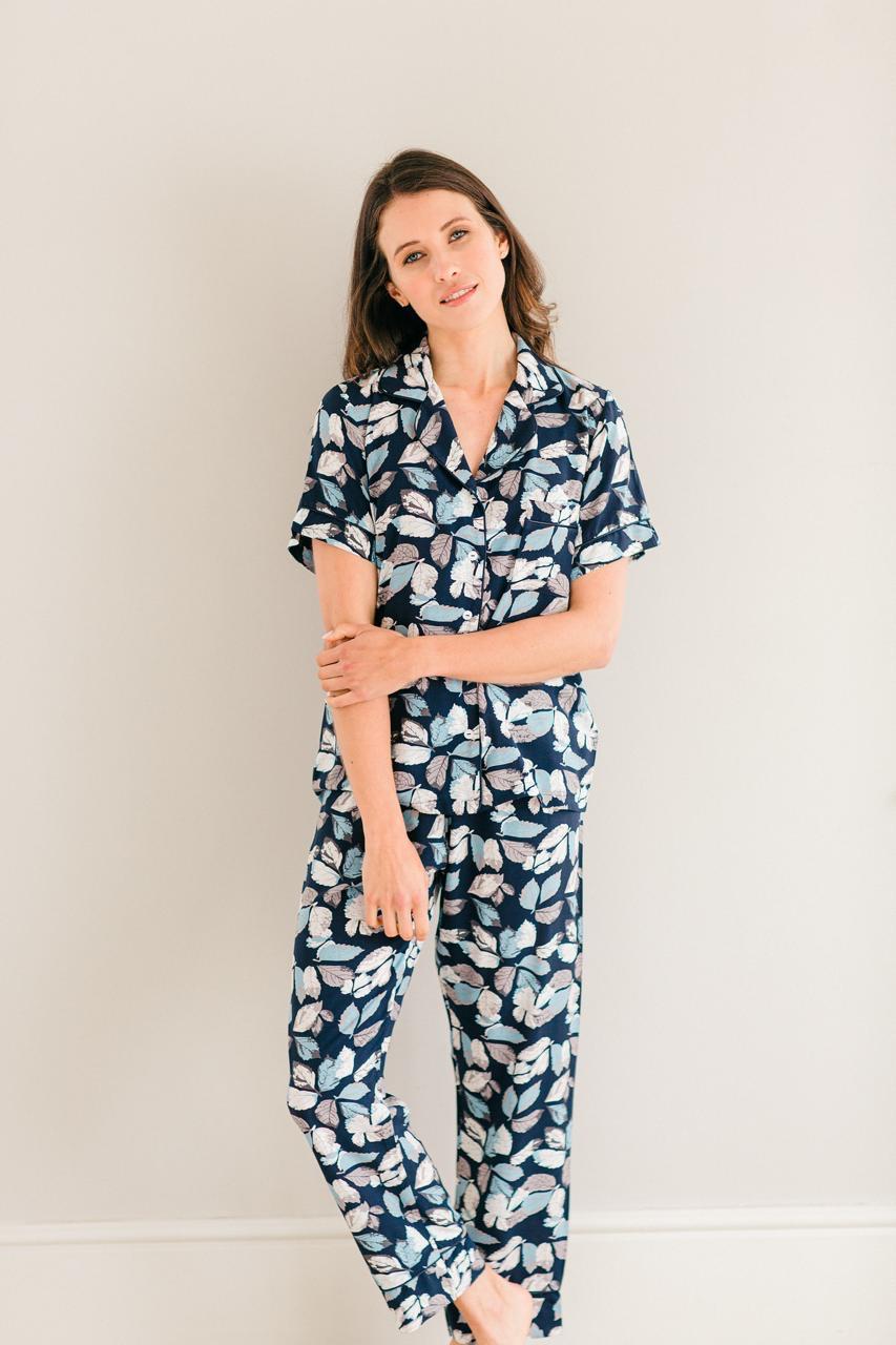 Blissful Blues - Classic PJs Navy Leaf - Short Sleeve Top and Ankle Length Pant