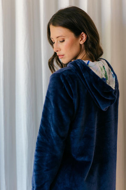 Plush Fleece Slounger | Navy with Ivory Floral Trim