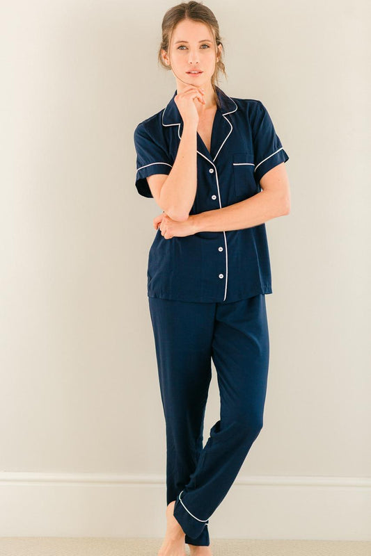 Short Sleeve Top and Ankle Length Pant | Navy with Ivory Piping | 100% Rayon