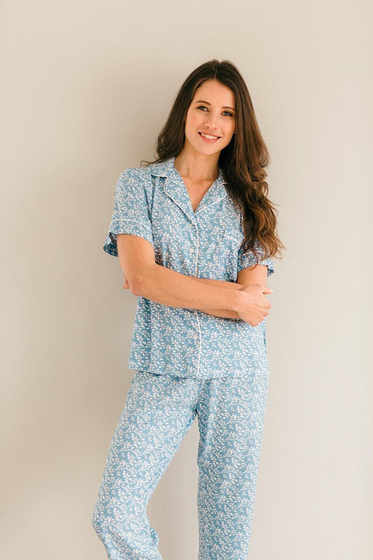 Short Sleeve Top & Ankle Length Pant | Blue Ditsy Leaf | 100% Rayon