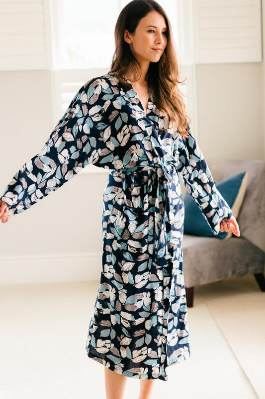 Kimono Gown | Navy Leaf | 100% Rayon