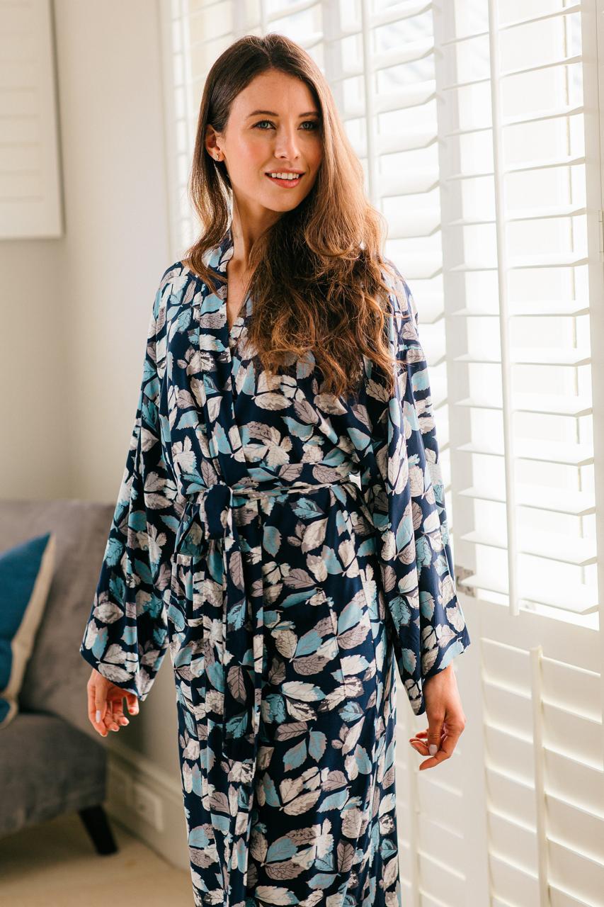 Blissful Blues - Navy Leaf - Kimono Gown