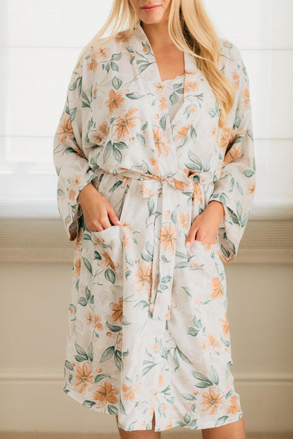 Kimono Gown | Pretty Peach Sage Floral | 100% Rayon