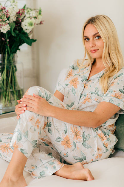 Short Sleeve Top & Ankle Length Pant | Pretty Peach Sage Floral | 100% Rayon